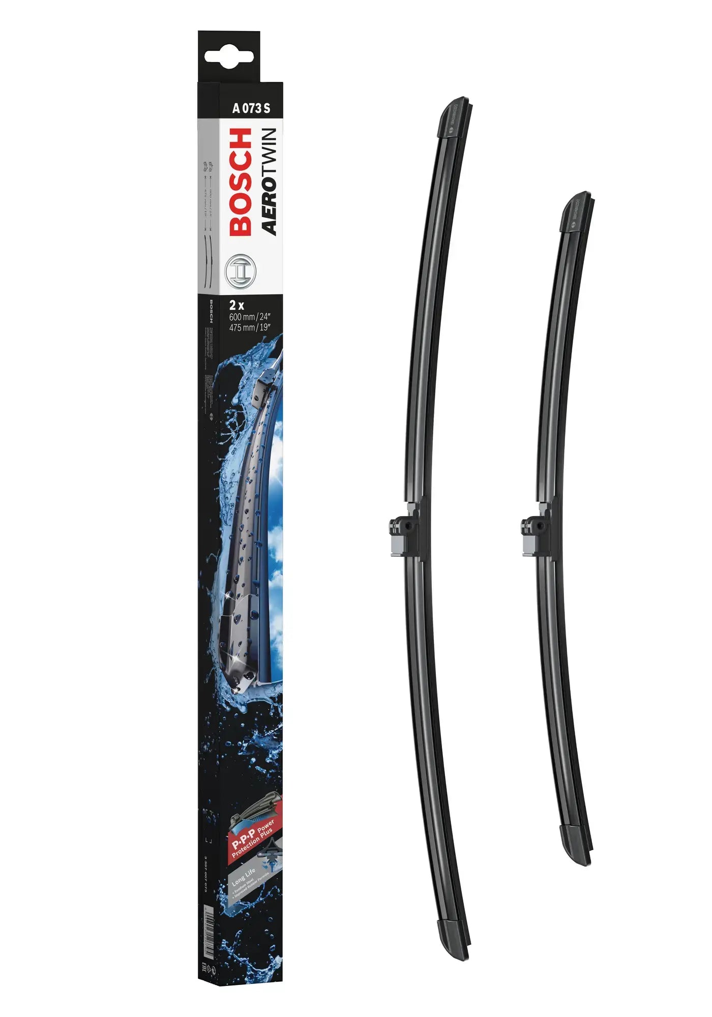 Bosch AeroTwin A073S 24"+19" premium wiper blades for BMW 3-Series (E90, E91). Power Protection Plus rubber for silent, streak-free performance.