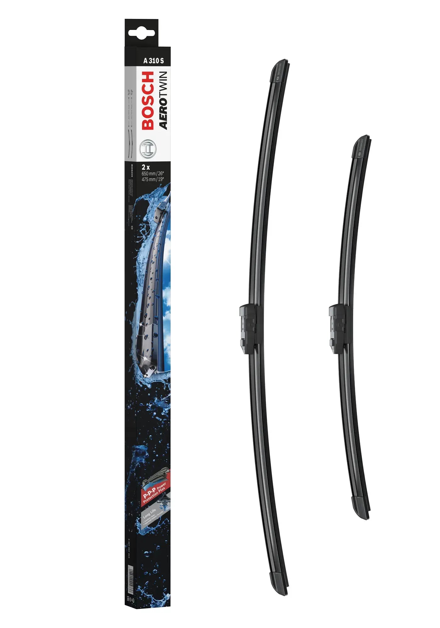 Bosch AeroTwin A310S 26"+19" premium wiper blades for BMW 3/5/7 Series, Ford Mondeo, Land Rover Range Rover Velar, Renault Trafic, Volvo V40 & more. Power Protection Plus rubber for silent, streak-free performance.